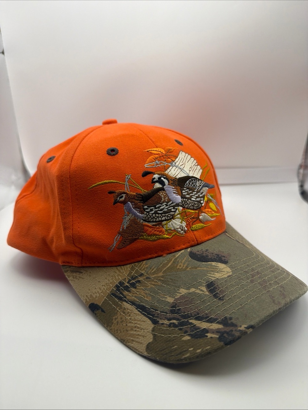 Vintage Wilson Blaze Orange Hunting Cap with Camo Brim and Game Bird Embroidery